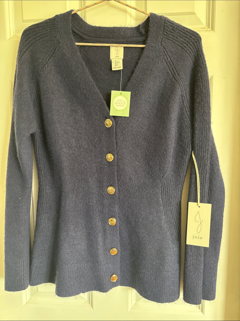 Joie Navy V-Neck Button Cardigan with Gold Buttons - Slim Knit